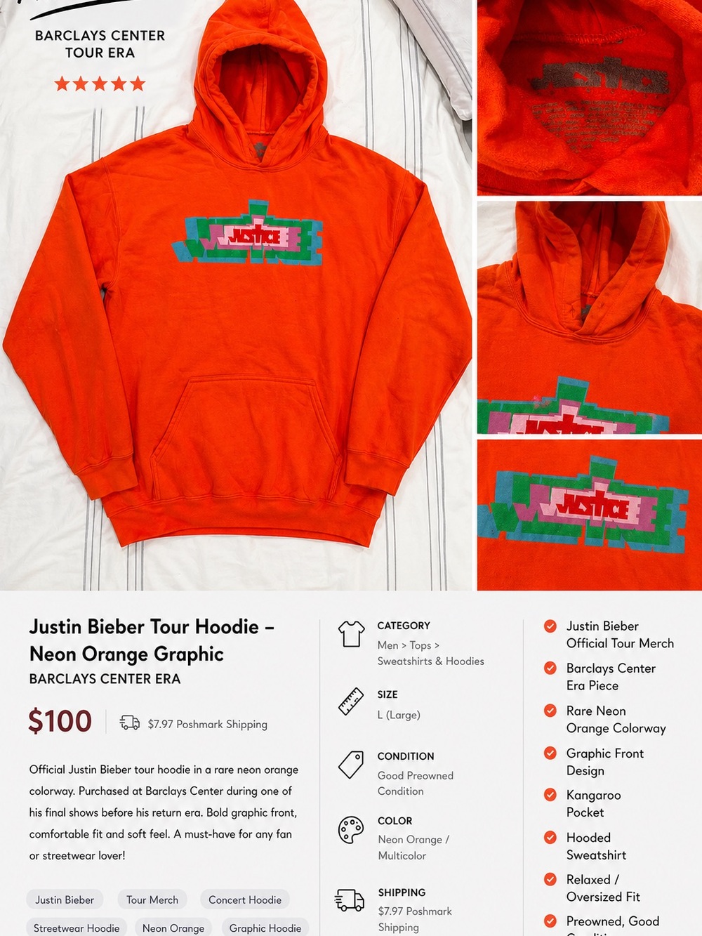 Justin Bieber Neon Orange Graphic Hoodie